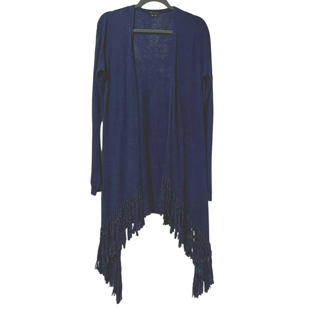 Theory Size S Navy Blue Fringed Open Cashmere Blend Cardigan